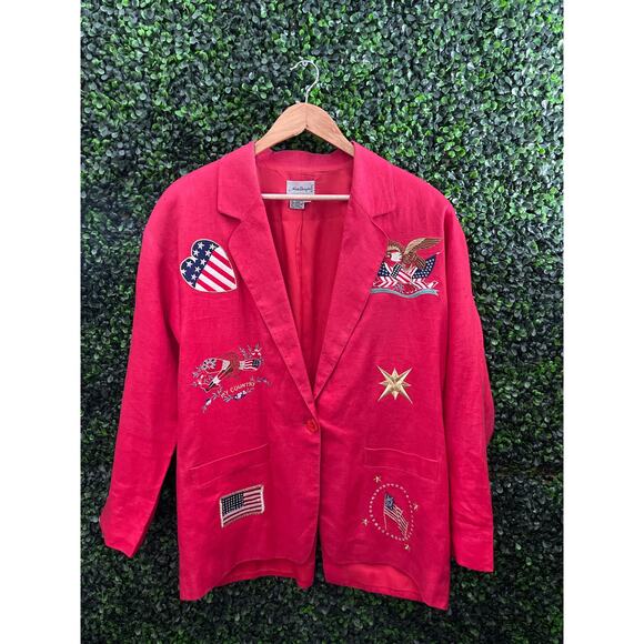 ADAM DOUGLASS Red Vintage Linen Blazer Patriotic My Country Flag Size L - Picture 1 of 8